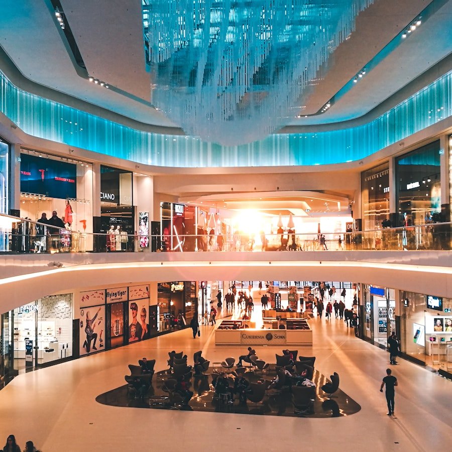 Shoppers in a modern mall atrium